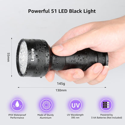 Lepro Black Light Flashlight, 51 LED 395nm wavelength UV Light Portable Ultraviolet Flashlight Dog Urine Detector 3 AA Batteries Needed Find Pet Stains on Clothes Carpet or Rugs