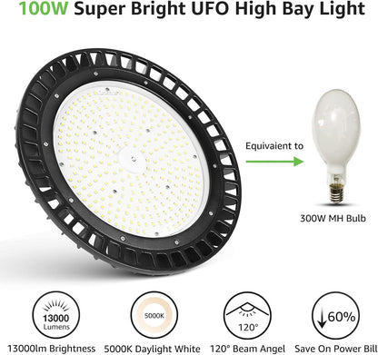 100W UFO High Bay LED Light, 13000 LM Dimmable for Warehouse, Workshop,Factory & Garage, 300W Metal Halide Equivalent, UL Listed | Limited-Time 10% Off