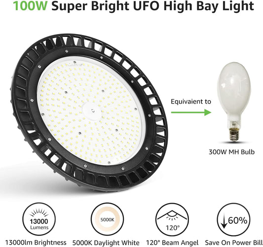 Lepro 100W UFO High Bay LED light with 13000 lumens, dimmable for warehouse, workshop, factory, garage lighting, UL listed