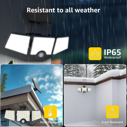 Lepro Solar Motion Sensor Light Outdoor, 72 LED 1000lm Solar Flood Light Separate Solar Panel 3 Adjustable Heads 270¡ã Wide Lighting Angle 6500K Daylight White Auto ON/OFF IP65 Waterproof Security Wall Lights for Porch Yard Garage Pathway, 2 Packs