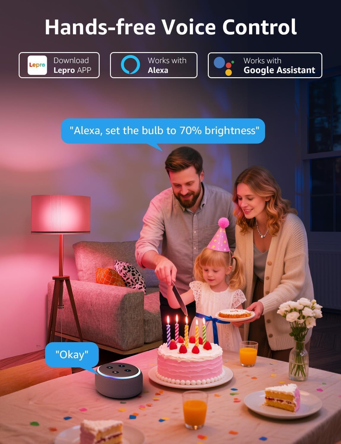 Lepro B3 AI Smart Bulb, 1500 Lumen Smart Light Bulb 100W RGBWW Dimmable, Color Changing LED Light Bulbs A21 E26, Work with Alexa and Google Assistant, WiFi & Bluetooth, Music Sync, 4 Packs
