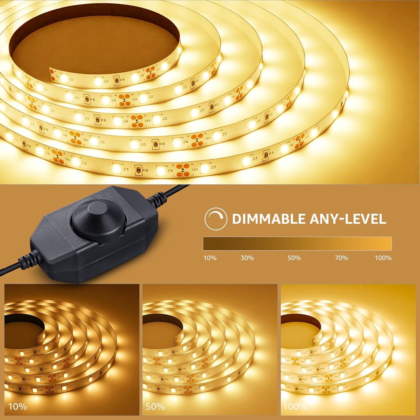 LE LED Strip Lights, 16.4ft 12V Dimmable and Flexible Strip Lights, 3000K Warm White, 300 Units 2835SMD Tape Light for Home, Kitchen, Bedroom, Car and More, Non Waterproof, Power Adapter Included