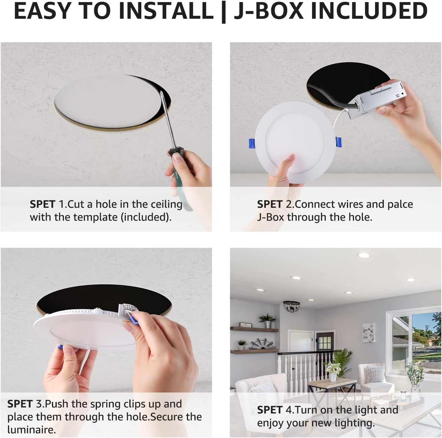 Lepro LED Pot Lights 4 Inch, 10W Dimmable Slim Recessed Lights with Junction Box, 750LM 3000K LED Ceiling Downlight for Kitchen Living Room Bedroom, Energy Star Certified, 12 Pack