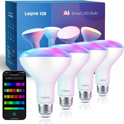 Lepro BR1 AI Smart Light Bulbs, Dimmable BR30 Bulbs, Work with Alexa & Google Home, Music Sync, RGBWW Colour Changing Light Bulb, Flood Light Bulbs, WiFi & Bluetooth Via Lepro App, LLM, E26, 4 Pack