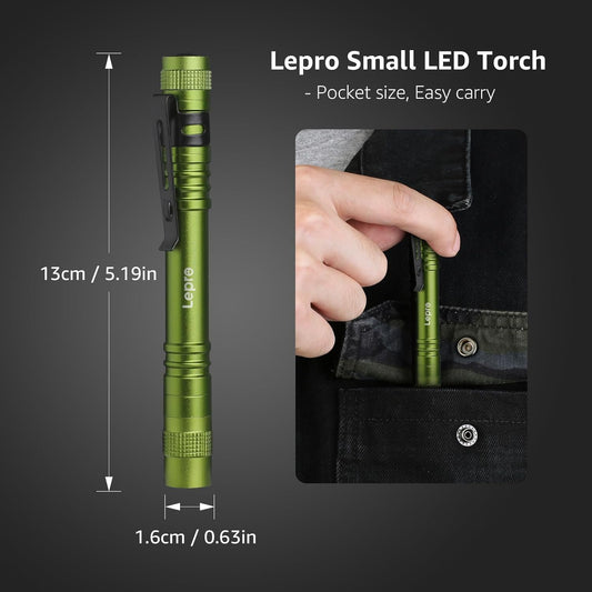 Lepro LED flashlight pen with clip, compact green tactical design, waterproof, AAA powered, ultra-bright XPE LED for EDC use.