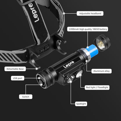 Lepro Rechargeable Headlamp, Super Bright LED Headlight with Red Warning Lights and 6 Modes, Multi-Functional, 1000 Lumens, IP65 Waterproof Headlamp Flashlight for Camping, Running, Hiking, Working