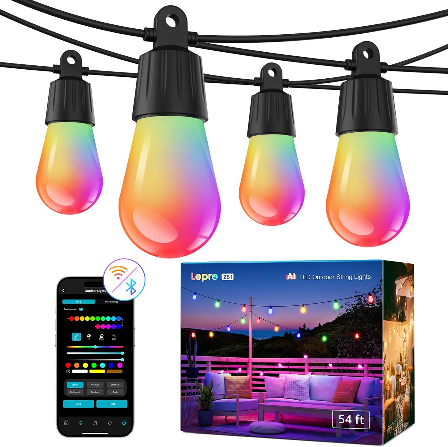 Lepro ZB1 AI Smart String Lights APP Control, 54ft RGB+IC+Warm White Patio Lights 15 LED Bulbs, Alexa Google Enabled Outdoor Lights, AI Generated Lighting LLM, Music Sync, 2.4 GHz WiFi + Bluetooth