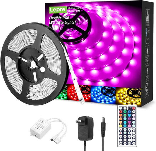 Lepro LED Strip Lights Kit, 16.4ft RGB LED Light Strips, Color Changing Light Strip with Remote Control, 12V Power Supply for Kitchen, Bedroom, and More, Non Waterproof