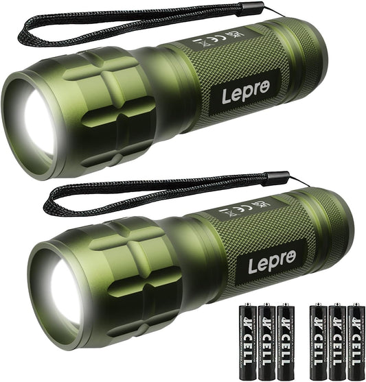 Lighting EVER LED Flashlights High Lumens, Small Flashlight, Zoomable, Waterproof, Adjustable Brightness Flash Light for Outdoor, Emergency, Camping, AAA Batteries Included, Green, 2 Pack