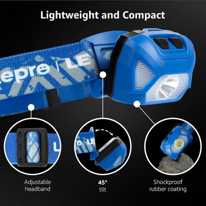 Lepro Headlamp 2-Pack, 1300 Lux Ultra-Light Bright LED Headlights with White Red Light, 6 Modes Battery-Operated Lightweight Waterproof Head Flashlight for Camping Running Cycling Emergency-Blue