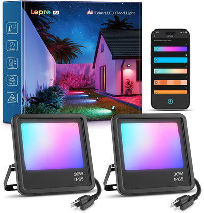 Lepro F2 AI Smart LED Flood Light 30W, Outdoor Color Changing Landscape Lights 2700LM, 2700K RGBW App Control Floodlights, Music Sync, Work with Alexa&Google, IP65 Waterproof, US Plug