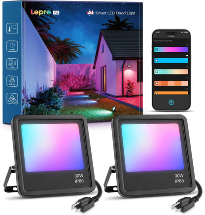 Lepro F2 AI Smart LED Flood Light 30W, Outdoor Color Changing Landscape Lights 2700LM, 2700K RGBW App Control Floodlights, Music Sync, Work with Alexa&Google, IP65 Waterproof, US Plug