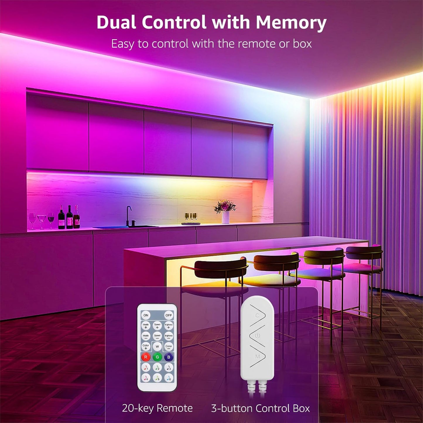 65.6ft MagicColor LED Strip Lights, Ultra-Long Strip Lights Sync to Music, Color Changing Light for Party, Bar, Bedroom, Kitchen,Gaming Room and Home Decoration, 32.8ft*2