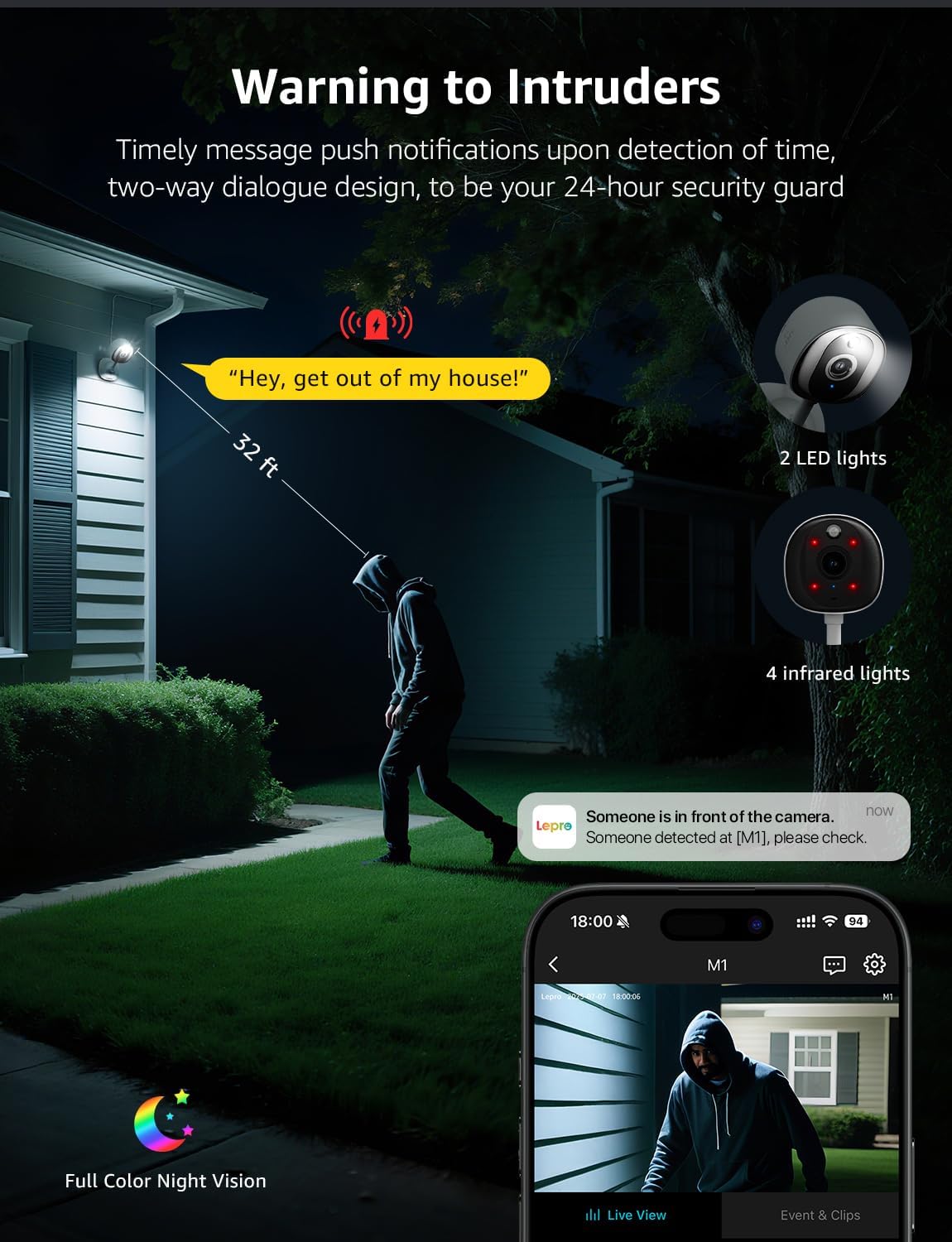 Lepro 2K security camera outdoor indoor with full color night vision, 2-way audio, smart features, and cloud storage.