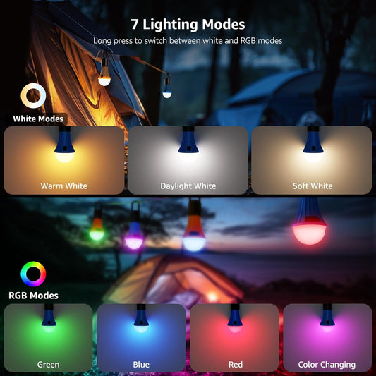Lepro RGB camping lanterns with 7 light modes, rechargeable LED outdoor lights, waterproof, hanging tent lights with clip hook.