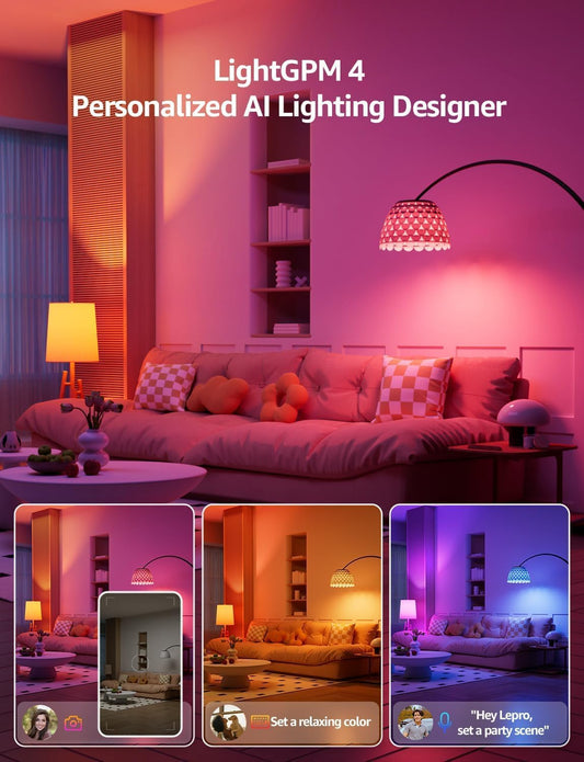 Lepro B1 AI smart bulbs, RGBWW color changing LED bulbs with WiFi, Bluetooth, music sync, Alexa and Google Assistant compatibility.