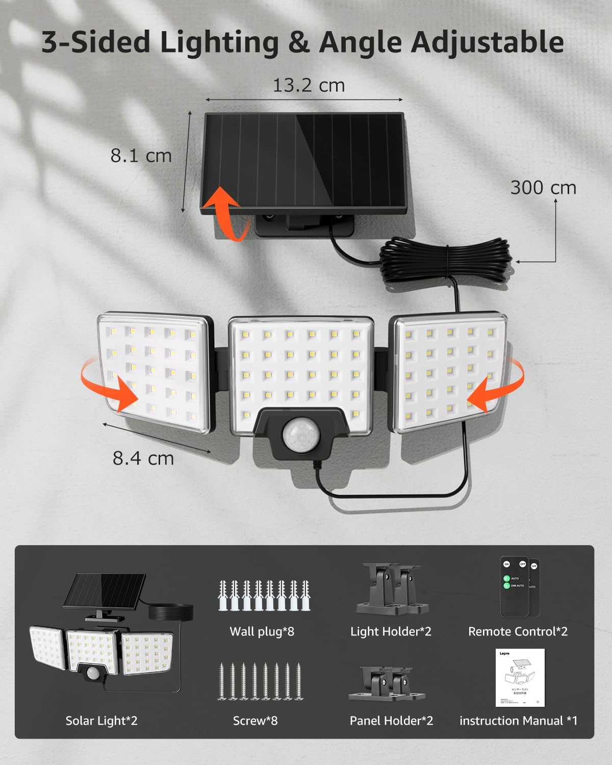 Lepro solar motion sensor outdoor light, 1000 lumens, IP65 waterproof, remote control, garden and yard lighting, 2-pack