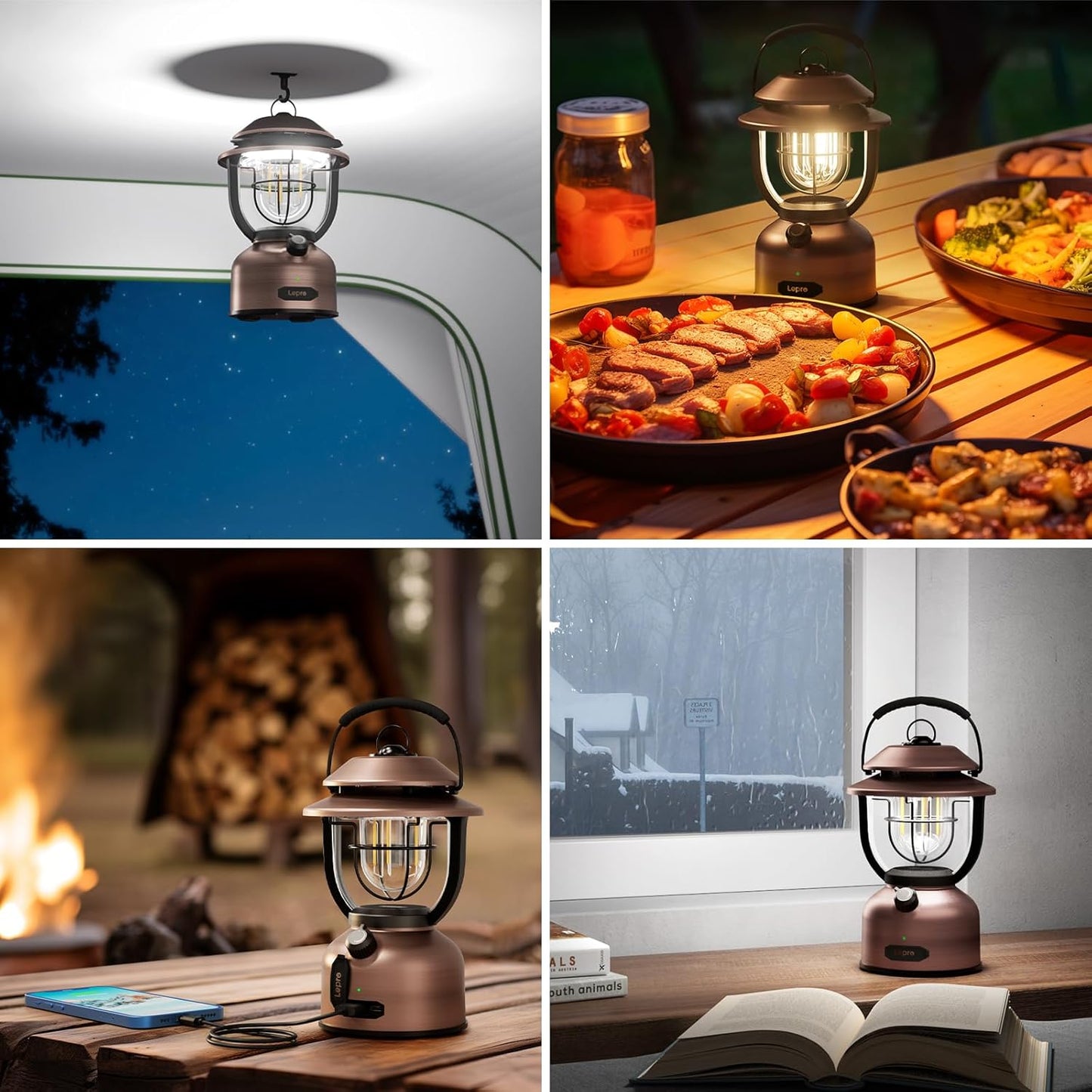 Lepro LED Lantern Vintage, USB Rechargeable Emergency Light for Power Outage, 1000 Lumens, 45H Long Battery Life, IPX4 Water Resistance, Camping Lantern Phone Charger for Hiking, Fishing, Hurricane