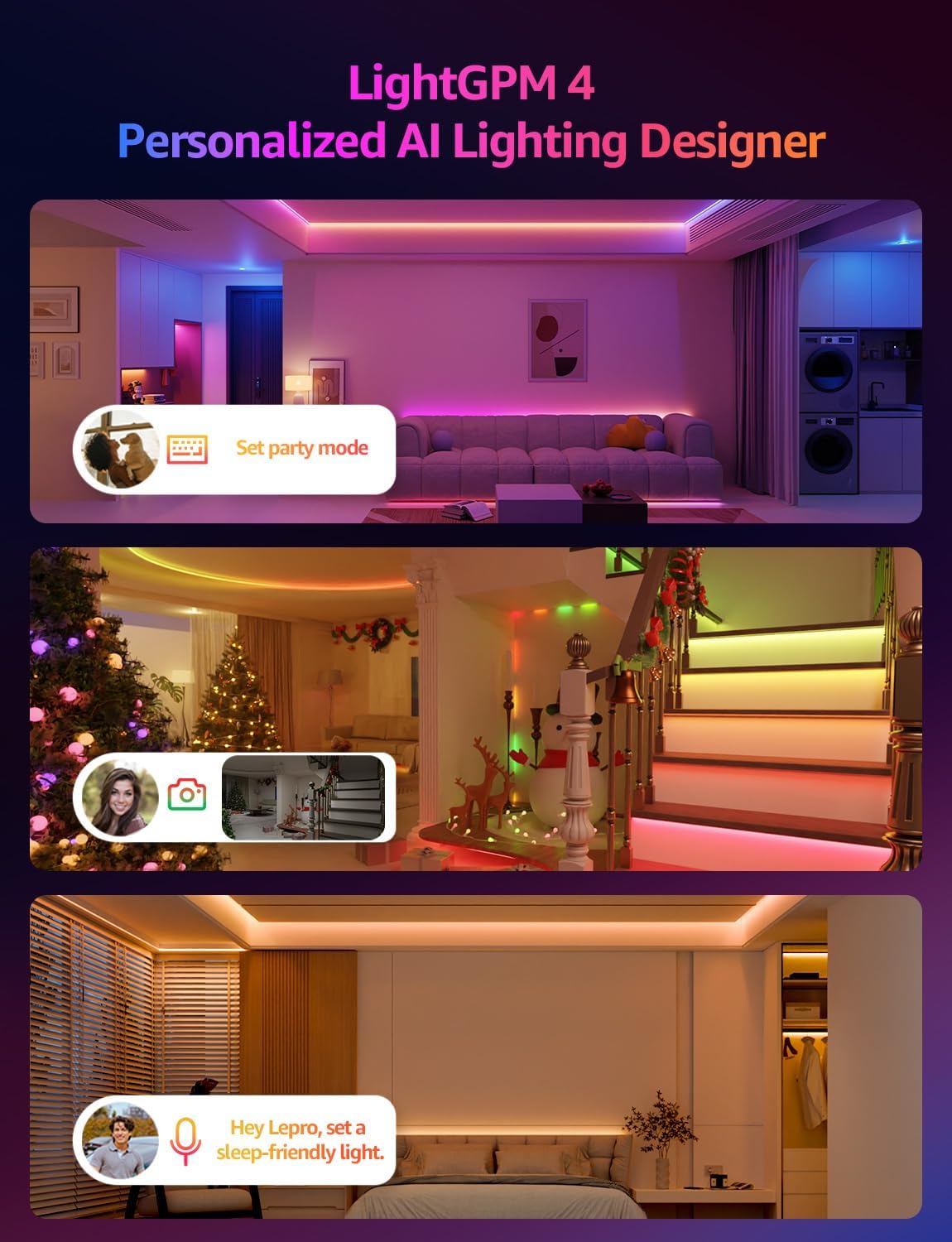 Lepro LED Strip Lights Kit, 50ft Ultra-Long RGB LED Light Strips, Dimmable Color Changing Light Strip with Remote Control, 450 Leds 12V Led Tape Light for Kitchen, Bedroom and More, Non-Waterproof (24.6ft*2)