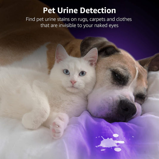 Lepro Black Light UV flashlight with 51 LEDs, 395nm wavelength, portable UV detector for pet stains on clothes, carpets, and rugs.
