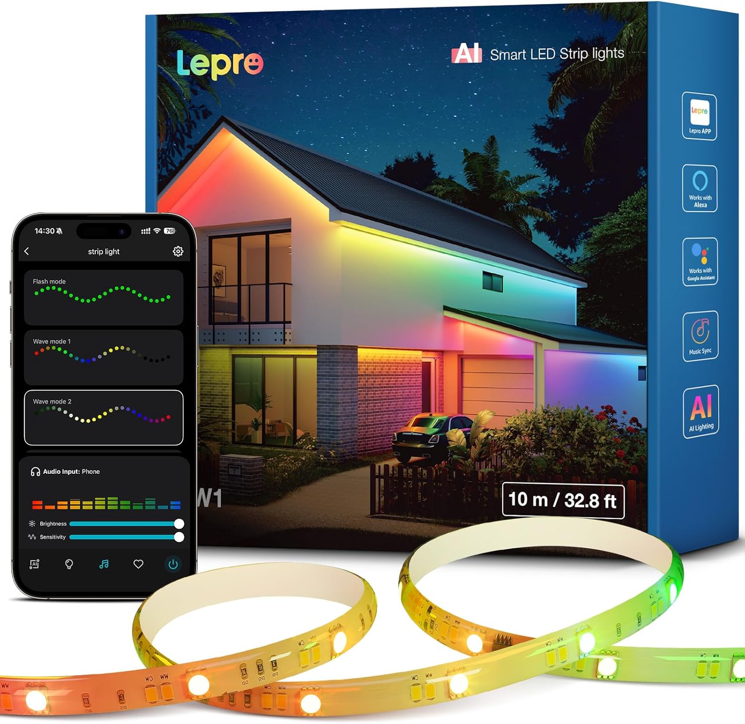 Lepro SW1 AI RGBICW outdoor LED strip lights waterproof, showing colorful lighting on eave and balcony with music sync feature