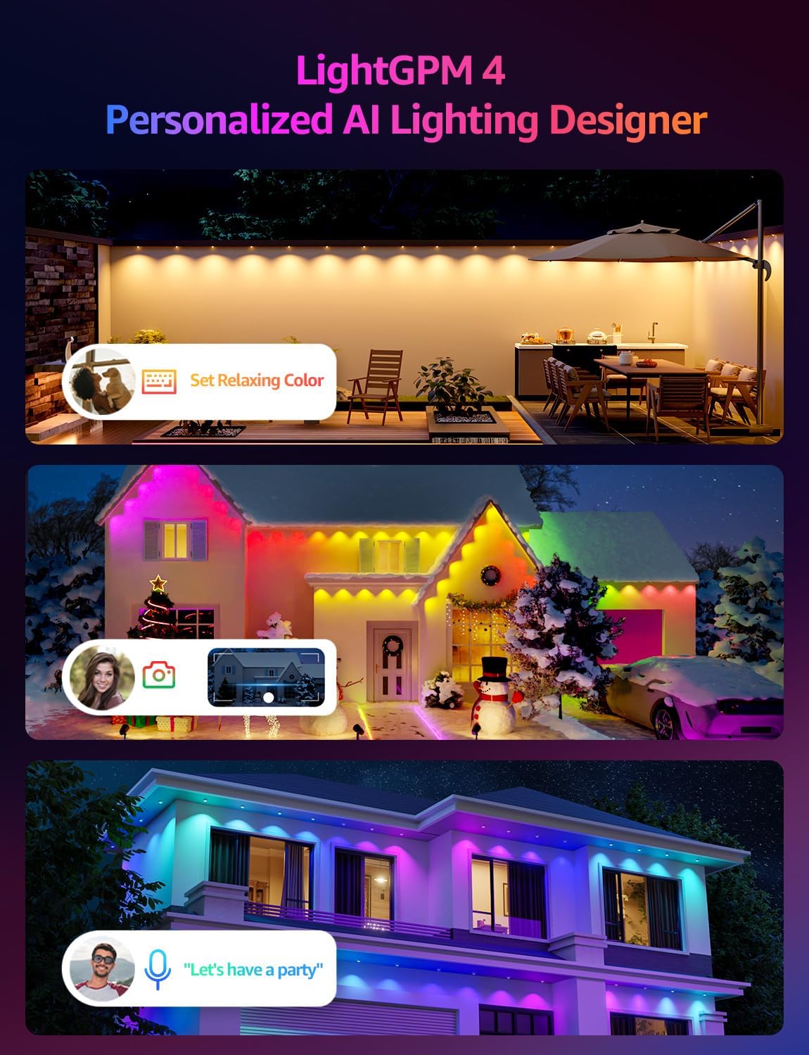 Lepro E1 AI Permanent Outdoor Lights APP Control, 150ft RGB+IC Smart Christmas Lights with 90 Warm/Cool White LED, Alexa Google Enabled Eaves Lights, AI Generated Lighting LLM, NO Remote, 2.4 GHz WiFi