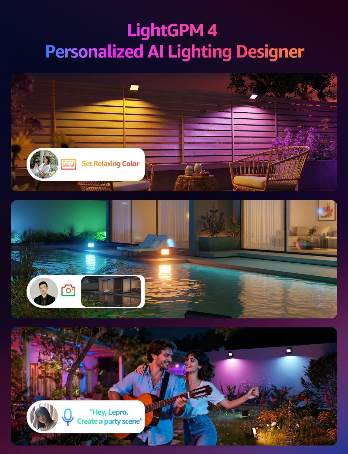 Lepro F2 AI Smart LED Flood Light 30W, Outdoor Color Changing Landscape Lights 2700LM, 2700K RGBW App Control Floodlights, Music Sync, Work with Alexa&Google, IP65 Waterproof, US Plug