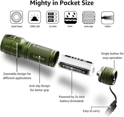 Lighting EVER LED Flashlights High Lumens, Small Flashlight, Zoomable, Waterproof, Adjustable Brightness Flash Light for Outdoor, Emergency, Camping, AAA Batteries Included, Green