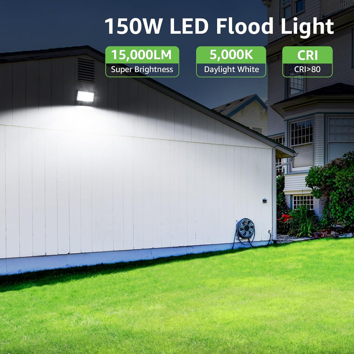 Lepro 150W outdoor LED flood light with 5000K daylight color, 15000 lumens, illuminating yard, garden, driveway, or pool area.