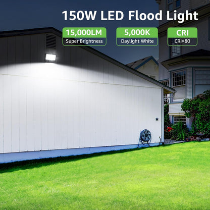 150W Outdoor LED Flood Lights, 5000K 15,000 Lumens Super Bright for Yard, Garden, Driveway, Pool, Parking Area, Playground, Outside Floodlight Fixture