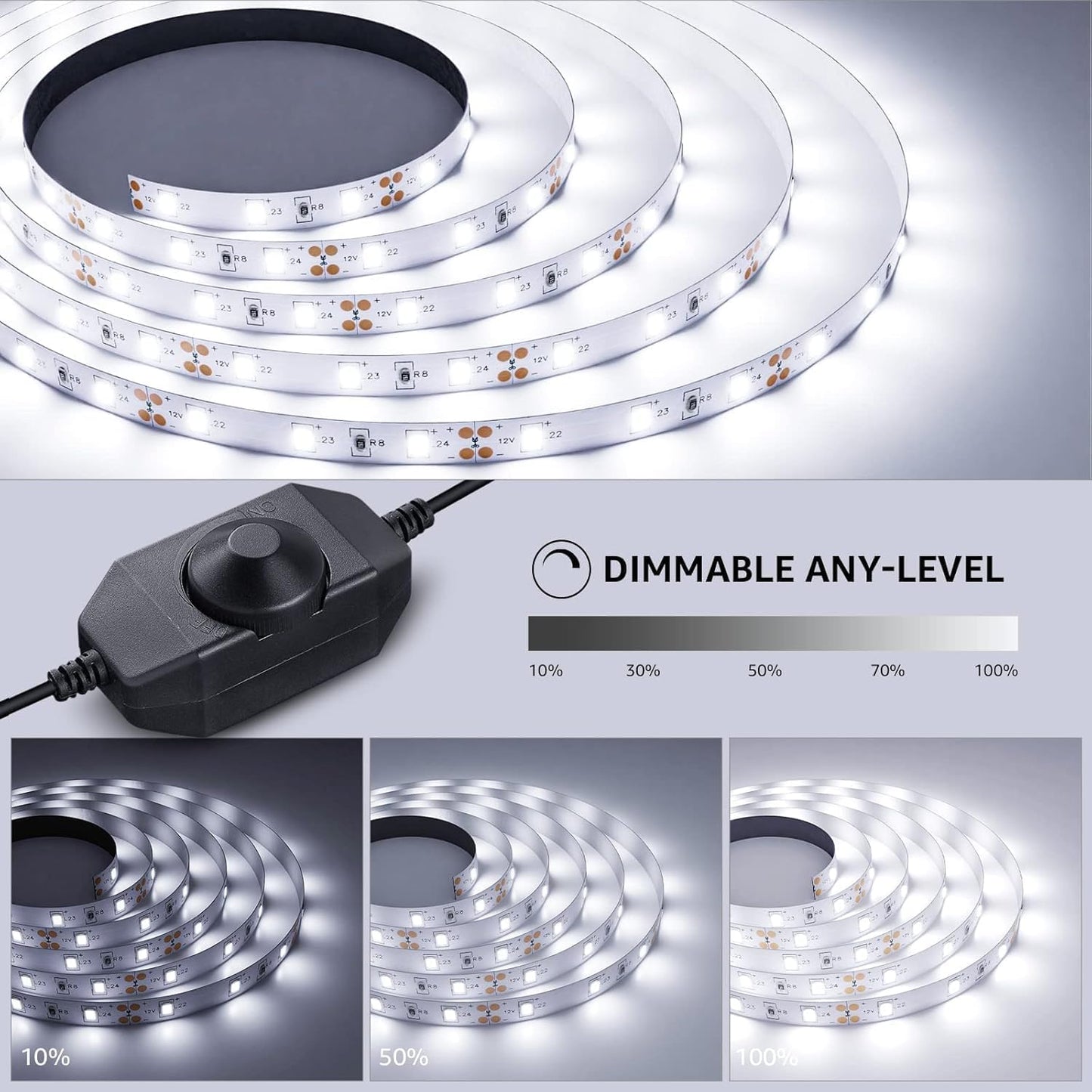 16.4ft 12V Dimmable LED Strip Lights, 6000K Daylight White, 300 Units 2835SMD LEDTape Light for Home, Kitchen, Bedroom, Car and More, Non Waterproof, Power Adapter Included