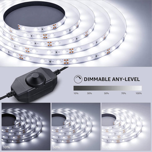 Lepro 16.4ft 12V dimmable LED strip lights in daylight white, 6000K, with 300 LED units, suitable for home, kitchen, bedroom, and car.