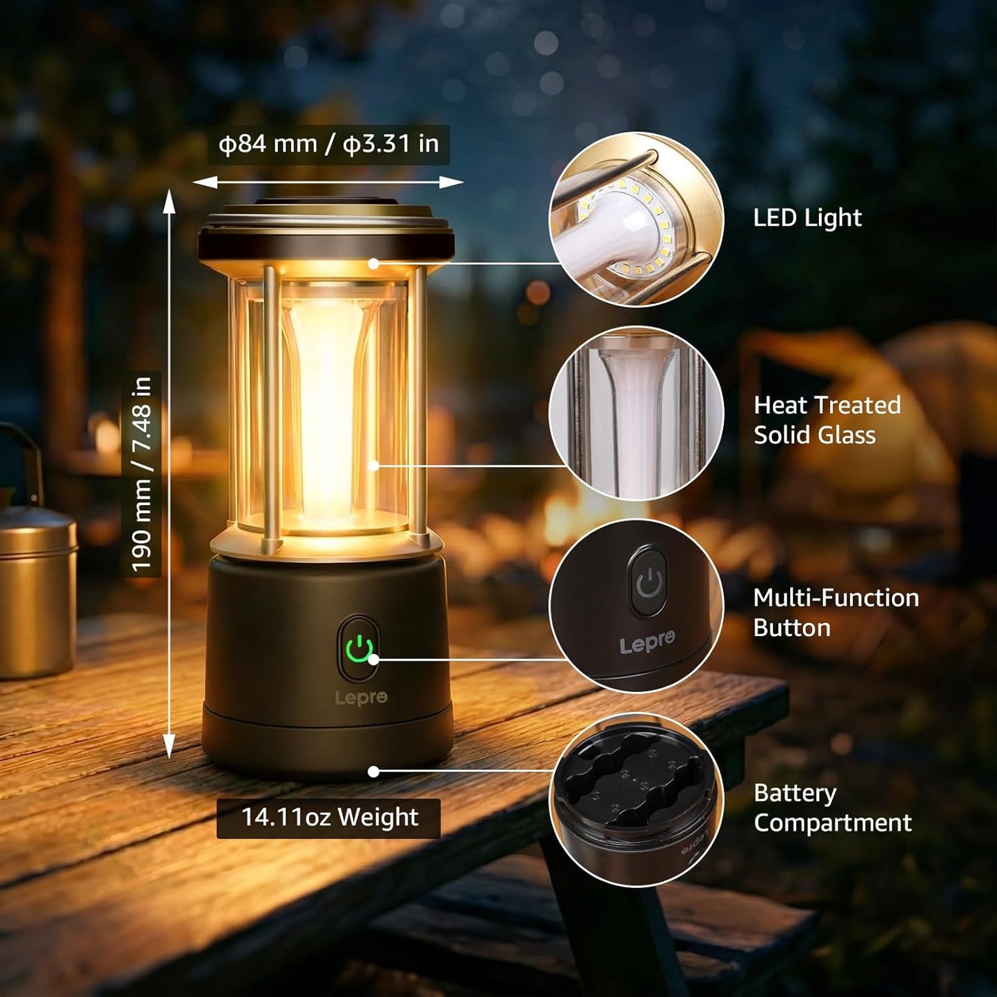 Lepro 1100LM Battery Powered LED Camping Lantern, Waterproof Tent Light with 4 Light Modes, Camping Essentials, Lantern Flashlight for Camping, Emergency Light, Power Outage, Not Rechargeable