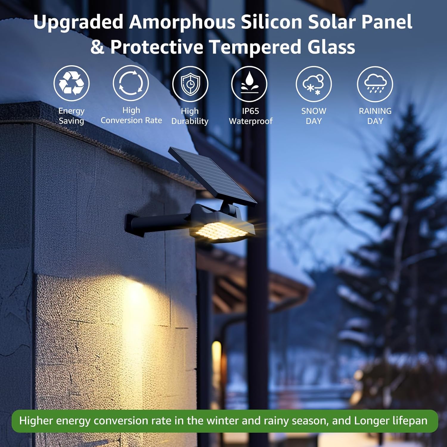 Lepro outdoor solar spotlight with 43 LEDs, warm white 3000K, waterproof IP65, dusk-to-dawn auto on/off for yard and garden.