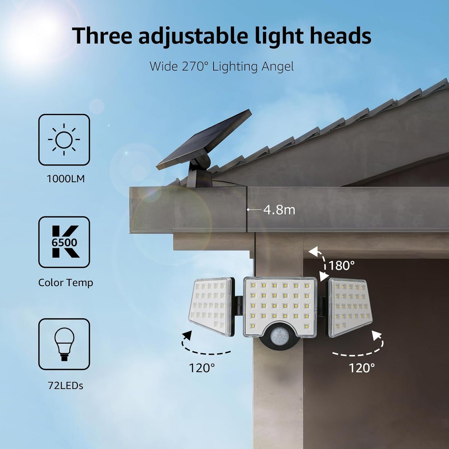 Lepro Solar Motion Sensor Light Outdoor, 72 LED 1000lm Solar Flood Light Separate Solar Panel 3 Adjustable Heads 270¡ã Wide Lighting Angle 6500K Daylight White Auto ON/OFF IP65 Waterproof Security Wall Lights for Porch Yard Garage Pathway, 2 Packs
