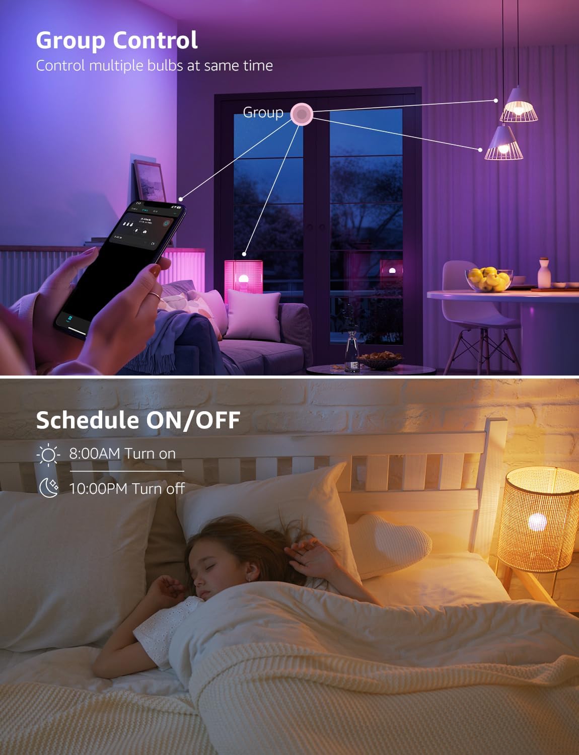 Lepro B2 AI smart light bulbs, 1100 lumens, RGBWW color changing, WiFi & Bluetooth, compatible with Alexa and Google Assistant.