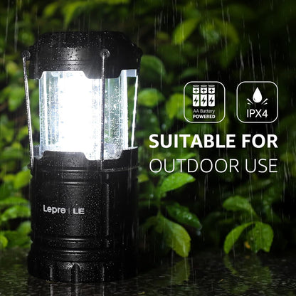 Lepro LED Camping Lantern, Super Bright, Battery Powered, IPX4 Water Resistant, Portable Emergency Lights for Hurricane, Storms, Outages, Collapsible, 2 Packs