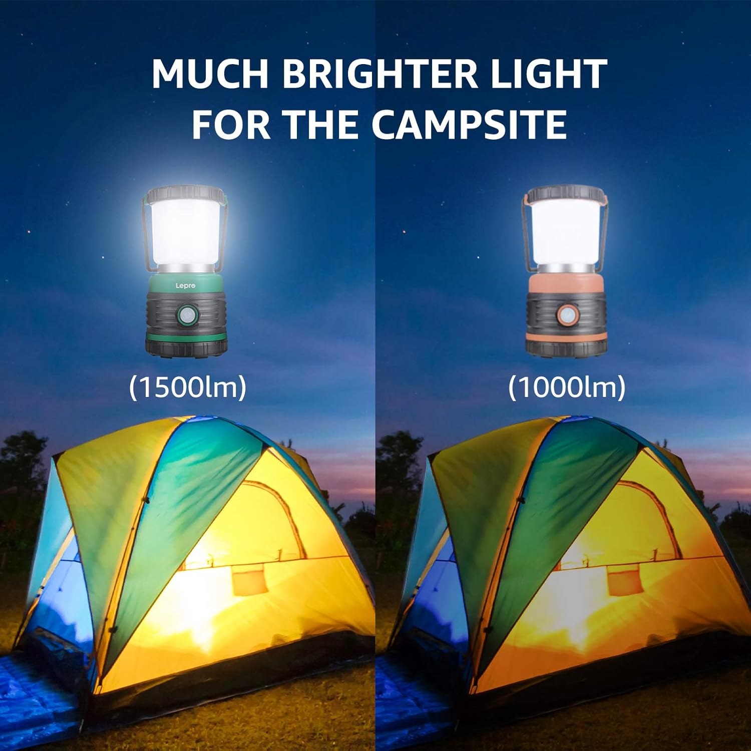 Lepro 1500lm camping lantern with four light modes, waterproof design, powered by 3 D batteries, ideal for hiking and outdoor emergencies.