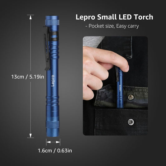 Lepro compact LED flashlight with blue body, waterproof design, clip, and AAA battery, ultra-bright tactical penlight for outdoor use