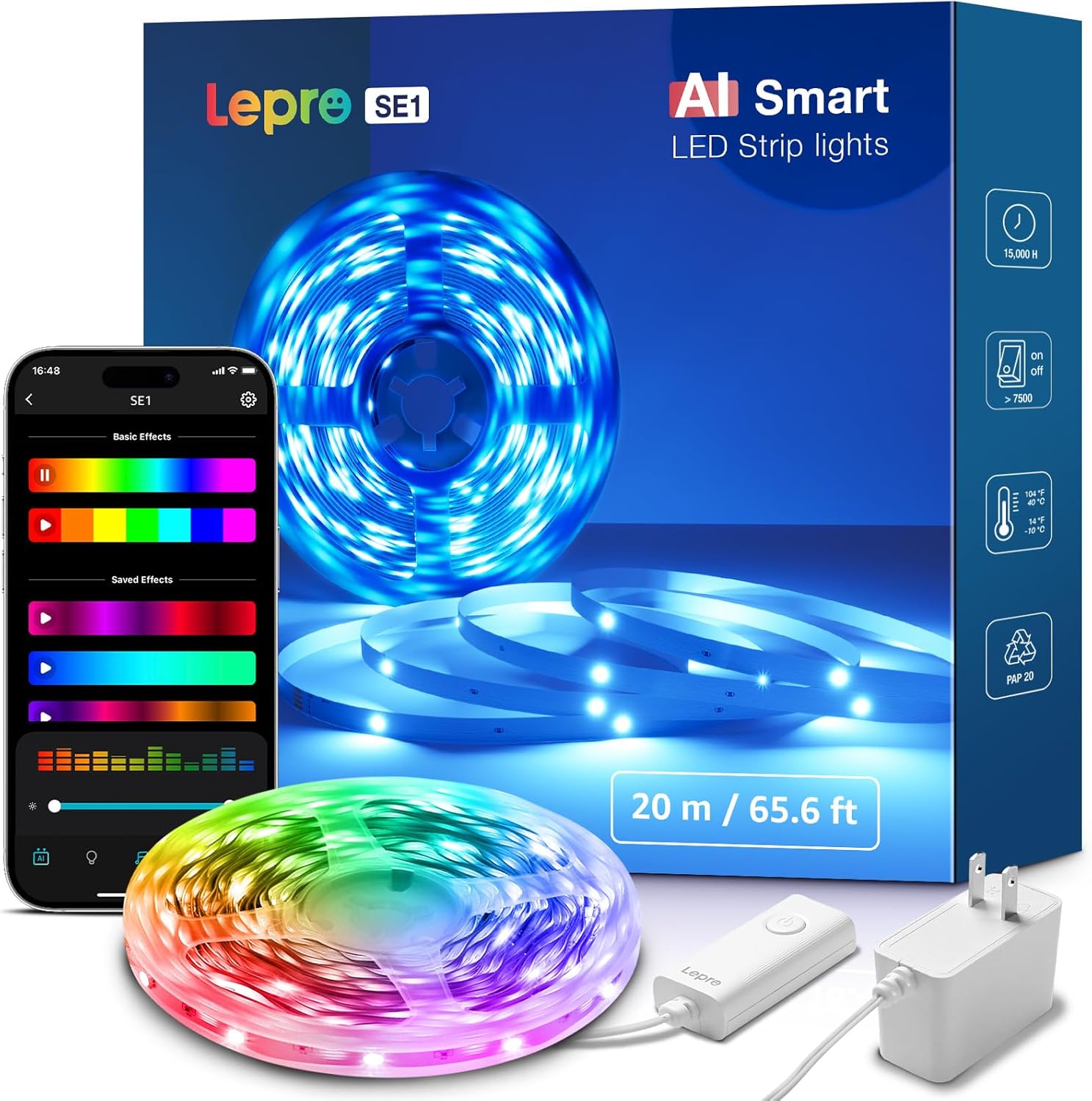 Lepro SE1 AI LED Lights, 65.6ft WiFi RGB Led Strip Lights, Work with Alexa & Google Led Lights Strip for Bedroom, Segmented DIY Led Light Strips, LLM Music Sync Bluetooth LED Lights for Room, Kitchen