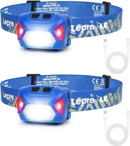 Lepro Headlamp Rechargeable 2-Pack, 2000 Lux Super Bright LED Headlamp with Red and White Light, 6 Lighting Modes Hardhat Head Lamp, Waterproof Lightweight Headlight for Outdoor Camping Running Blue