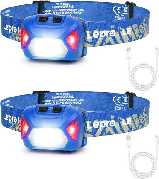 Lepro Headlamp Rechargeable 2-Pack, 2000 Lux Super Bright LED Headlamp with Red and White Light, 6 Lighting Modes Hardhat Head Lamp, Waterproof Lightweight Headlight for Outdoor Camping Running Blue