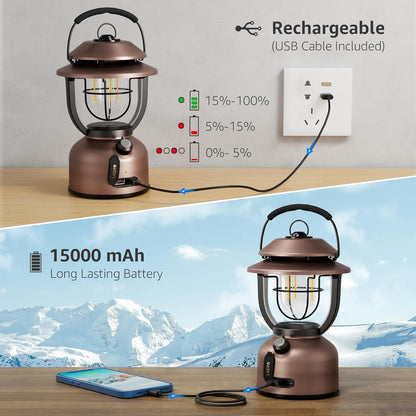 Lepro LED Lantern Vintage, USB Rechargeable Emergency Light for Power Outage, 1000 Lumens, 45H Long Battery Life, IPX4 Water Resistance, Camping Lantern Phone Charger for Hiking, Fishing, Hurricane