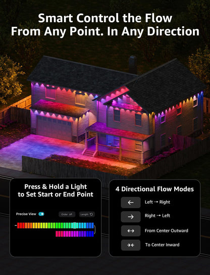 Lepro EE1 AI Permanent Outdoor Lights APP Control, 50ft 30 RGB+IC LED & Dual Output, Works with Alexa & Google, Waterproof Eave Light for Christmas, Halloween, House Decor, 2.4GHz WiFi/Bluetooth