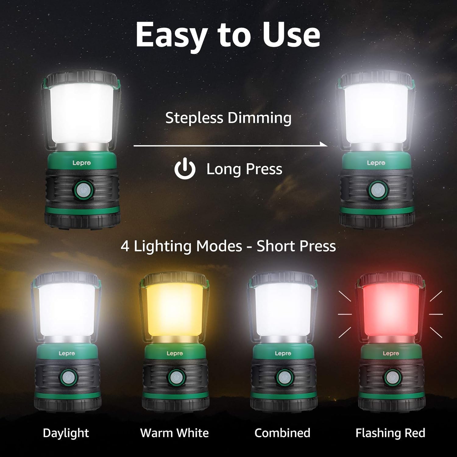 Lepro 1500lm camping lantern with four light modes, waterproof design, powered by 3 D batteries, suitable for hiking and emergencies.