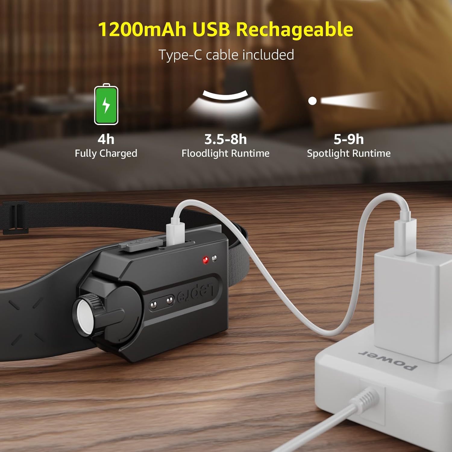 Lepro rechargeable LED headlamp with 5 light modes, wide beam, waterproof design, ideal for camping, running, and fishing.
