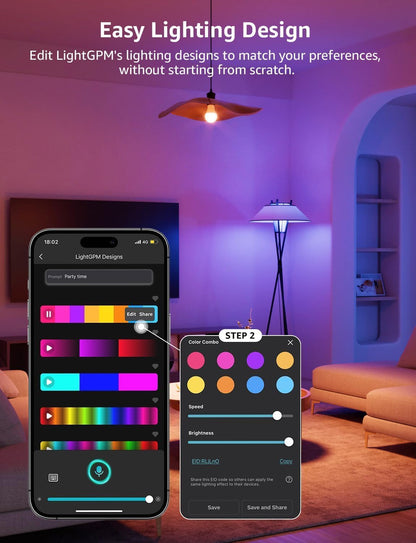 Lepro B1 AI smart LED bulbs in a pack of four, RGBWW color-changing, WiFi, Bluetooth, compatible with Alexa and Google Assistant.