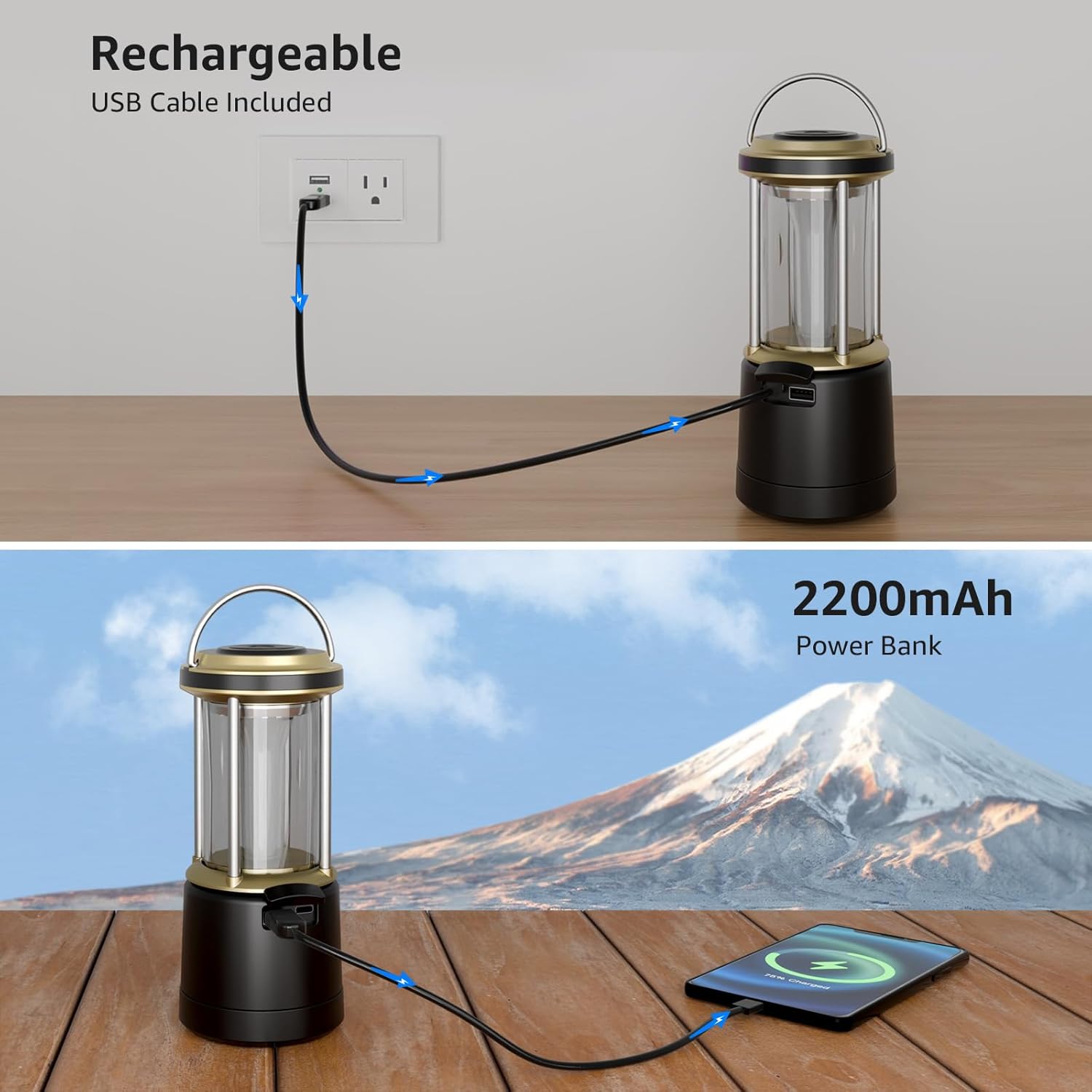 Lepro USB rechargeable LED camping lantern with waterproof design, four light modes, portable black tent light, and included Type-C cable