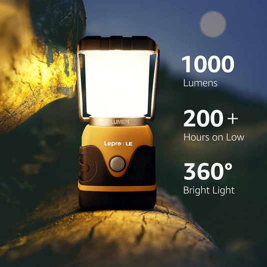Lepro outdoor LED camping lantern with 1000 lumens, orange portable waterproof tent light for hiking, fishing, and emergencies