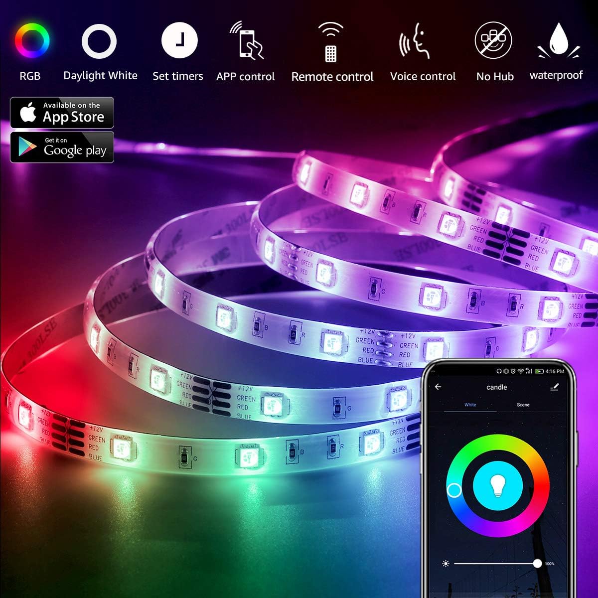 LE Smart WIFI LED Strip Lights, 32.8ft 300 LEDs Wireless APP Controlled Waterproof RGB Light Strip Kit Compatible with Alexa and Google Assistant, Dimmable Color Changing 5050 LED Tape Light with Power Supply, No Hub Required, 16.4ft*2